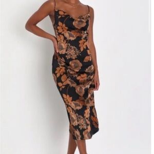 Lulu's Black and Brown Floral Midi Dress